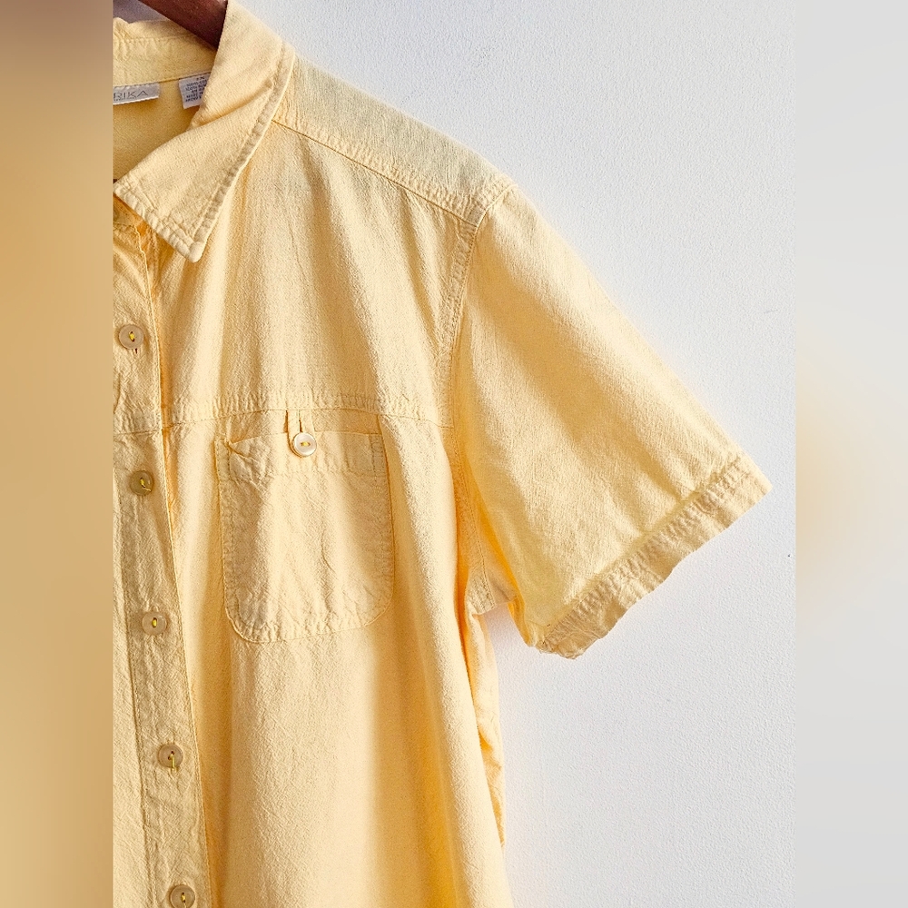 Erika Woman Yellow Button Front Shirt 1X Short Sleeve Cotton Blouse Casual - Picture 3 of 7